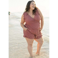 A soft mauve ruffled romper with wrap-style front and side pockets contrasting teal ruffled deep one-piece swimsuit with built-in bra suitable for hot spring boxer use