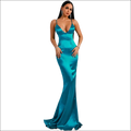 Teal satin mermaid evening dress with a deep v-neckline and thin straps for luxury women’s fashion