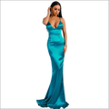 Teal satin mermaid evening dress with deep v-neckline and thin straps for luxury women’s fashion occasions