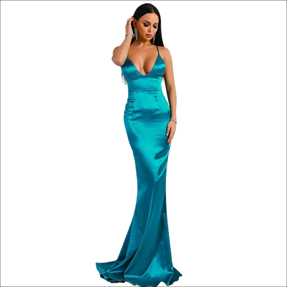 Teal satin mermaid evening dress with deep v-neckline and thin straps for luxury women’s fashion occasions