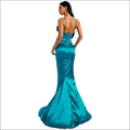 Teal satin mermaid evening dress with a fitted bodice and backless design in luxury women’s fashion