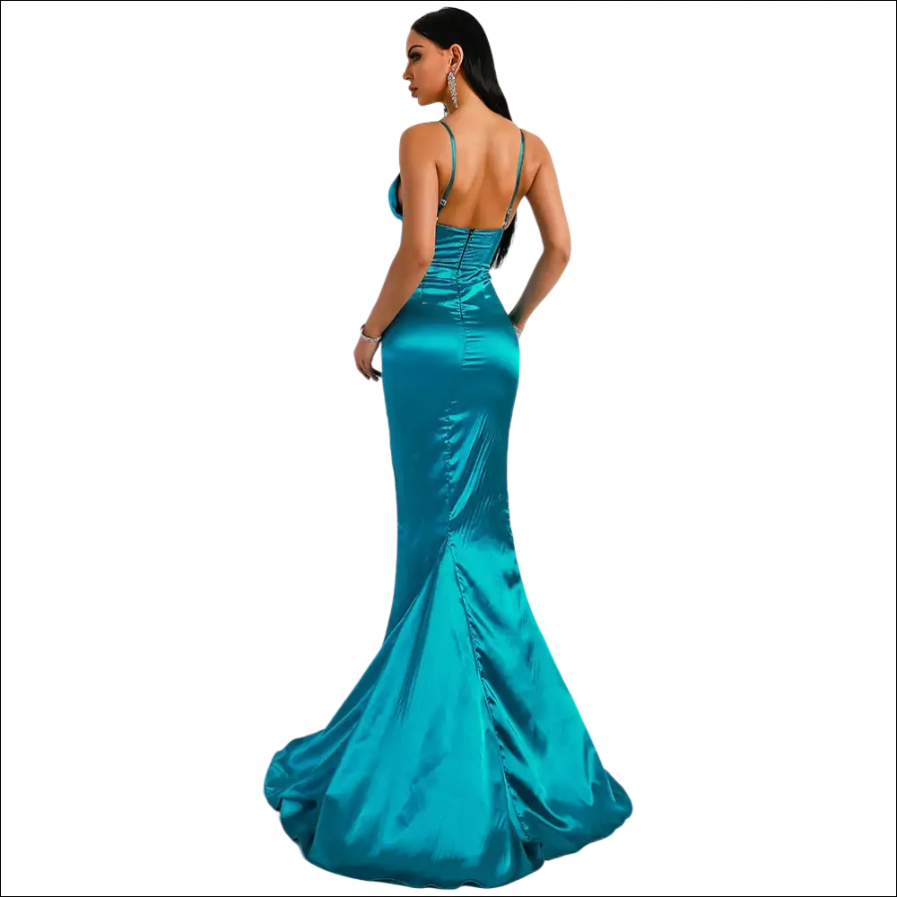 Teal satin mermaid evening dress with a fitted bodice and backless design in luxury women’s fashion