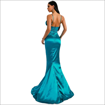 Teal satin mermaid evening dress with a fitted bodice and backless design in luxury women’s fashion