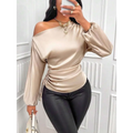 Beige satin off the shoulder top with long sleeves and ruched waist styled with teal satin shirt asymmetric design