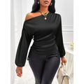 Black satin shirt asymmetric one-shoulder top with long sleeves and ruched waist detail