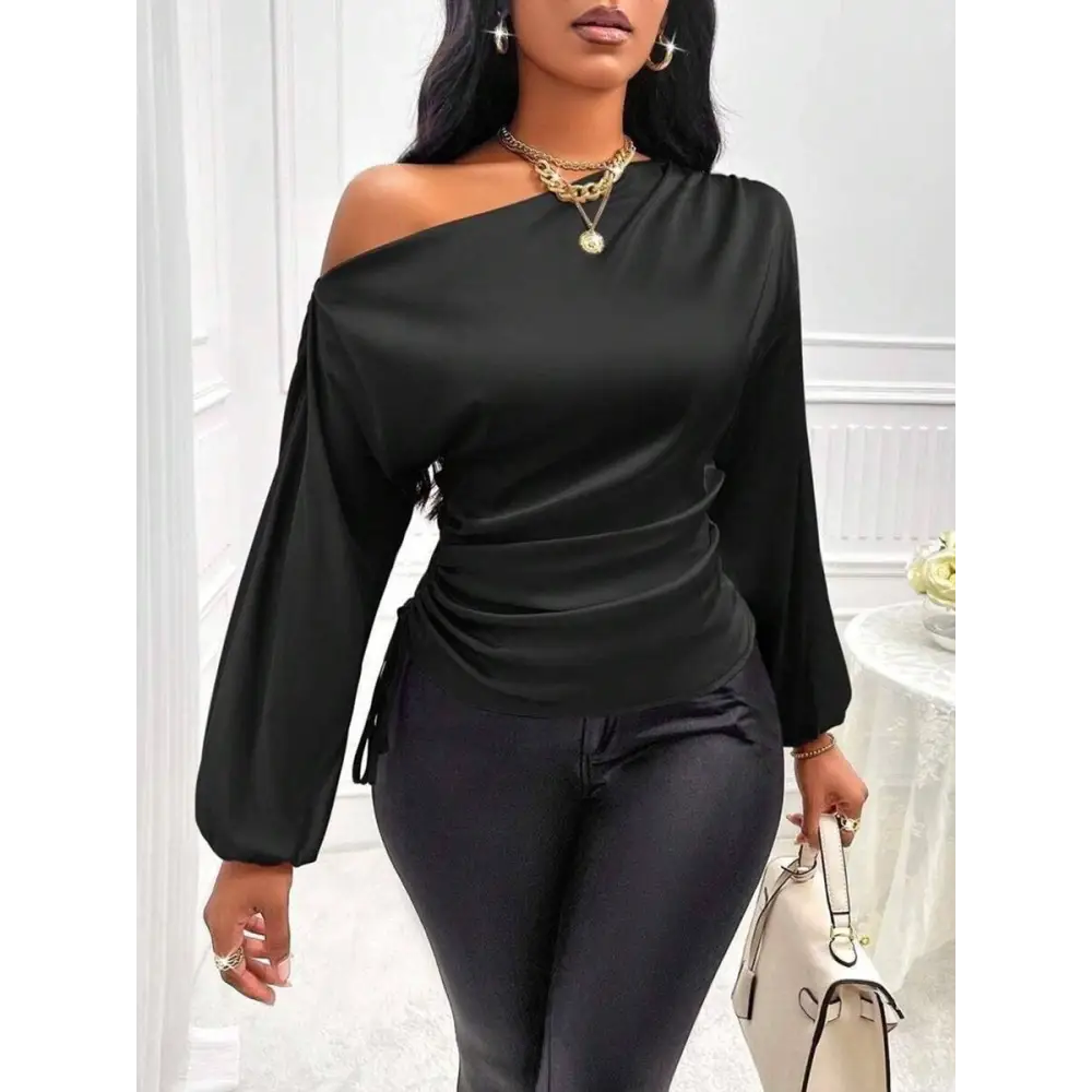 Black satin shirt asymmetric one-shoulder top with long sleeves and ruched waist detail