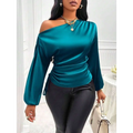 Teal satin shirt asymmetric long sleeve top with one-shoulder ruched waist and side tie detailing