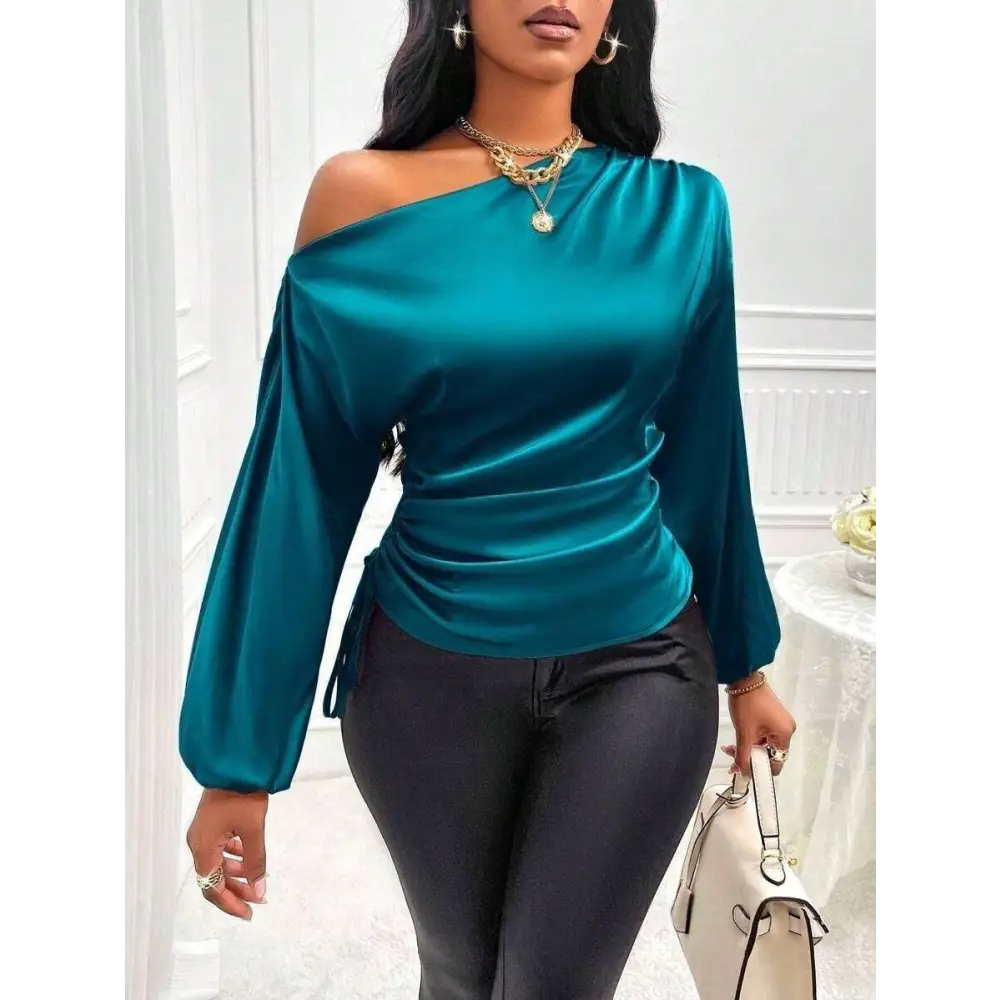 Teal satin shirt asymmetric long sleeve top with one-shoulder ruched waist and side tie detailing