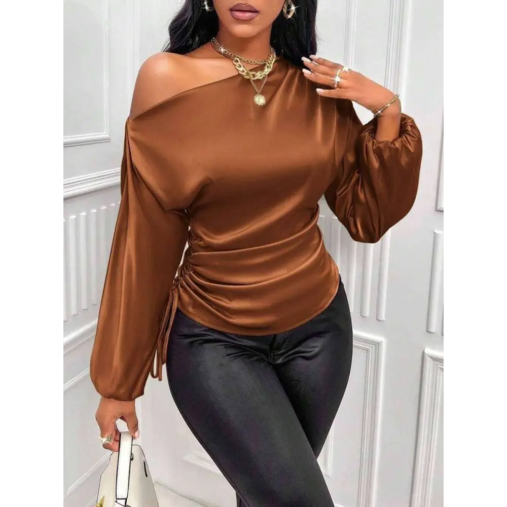 Teal satin shirt asymmetric long sleeve top with ruched waist and voluminous sleeves in sleek brown satin