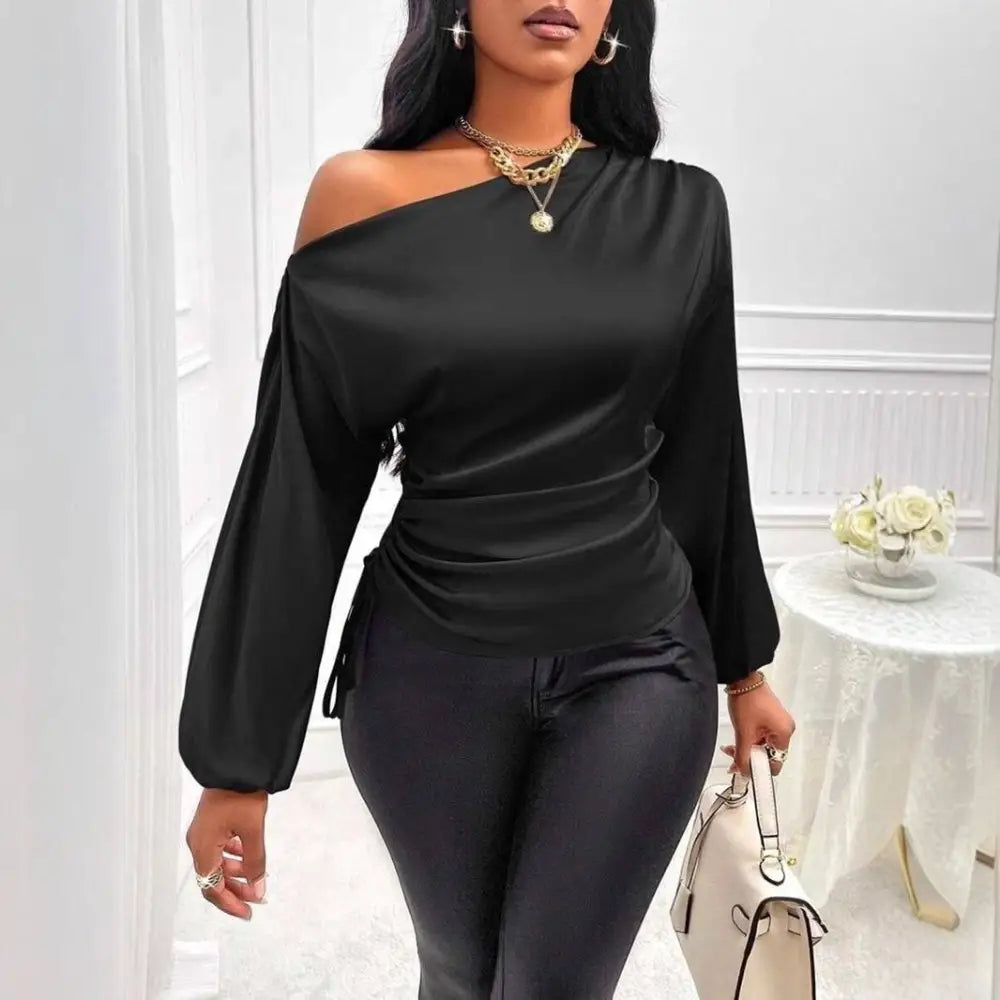 Black satin off-the-shoulder shirt asymmetric top with long sleeves and side tie detail, ruched waist absent