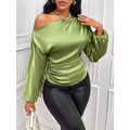 A sleek olive green satin shirt asymmetric top with ruched waist detailing and one-shoulder design