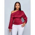 A sleek burgundy satin shirt asymmetric top with long sleeves and ruched waist detailing