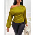 Olive green satin shirt asymmetric one-shoulder top with ruched waist and side tie detail for elegant wear