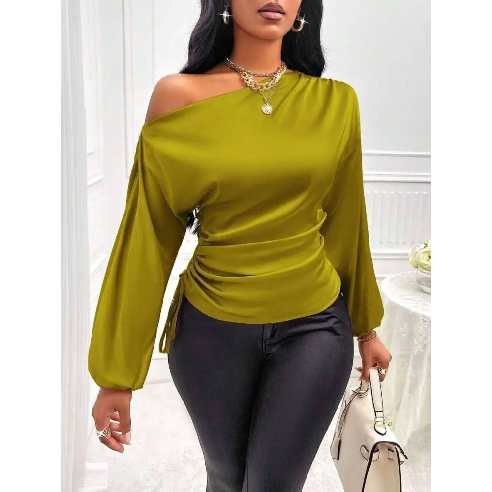 Olive green satin shirt asymmetric one-shoulder top with ruched waist and side tie detail for elegant wear