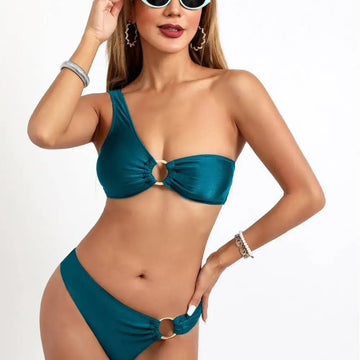 Teal satin split sexy bikini set with gold rings and nylon starlight fabric accents for stylish swimwear