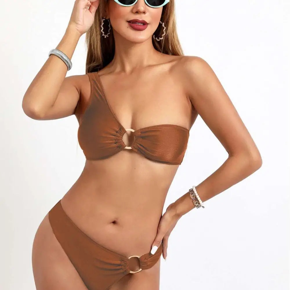 Brown strapless nylon starlight bikini top with gold rings detail from teal satin split sexy bikini set