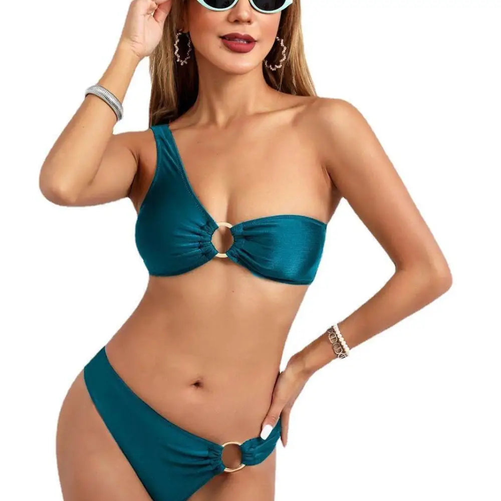 Teal satin split sexy bikini set with gold rings and nylon starlight fabric accents for stylish swimwear