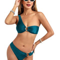 Teal satin split sexy bikini set with gold rings featuring nylon starlight material accents