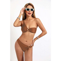 Brown one-piece bikini set with ruched top and high-waisted bottoms featuring gold rings for a split sexy bikini look