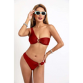 Red one-shoulder bikini top with gold rings buckle detail complementing a teal satin split sexy bikini design