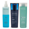 Three tec italy reconstruction shampoo massimo bottles in navy shampoo, teal conditioner, and light blue treatment spray for damaged hair