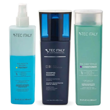 Three tec italy reconstruction shampoo massimo bottles in navy shampoo, teal conditioner, and light blue treatment spray for damaged hair