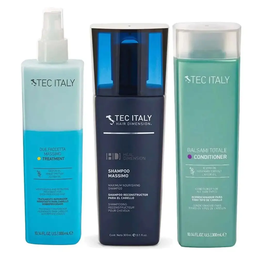 Three tec italy reconstruction shampoo massimo bottles in navy shampoo, teal conditioner, and light blue treatment spray for damaged hair