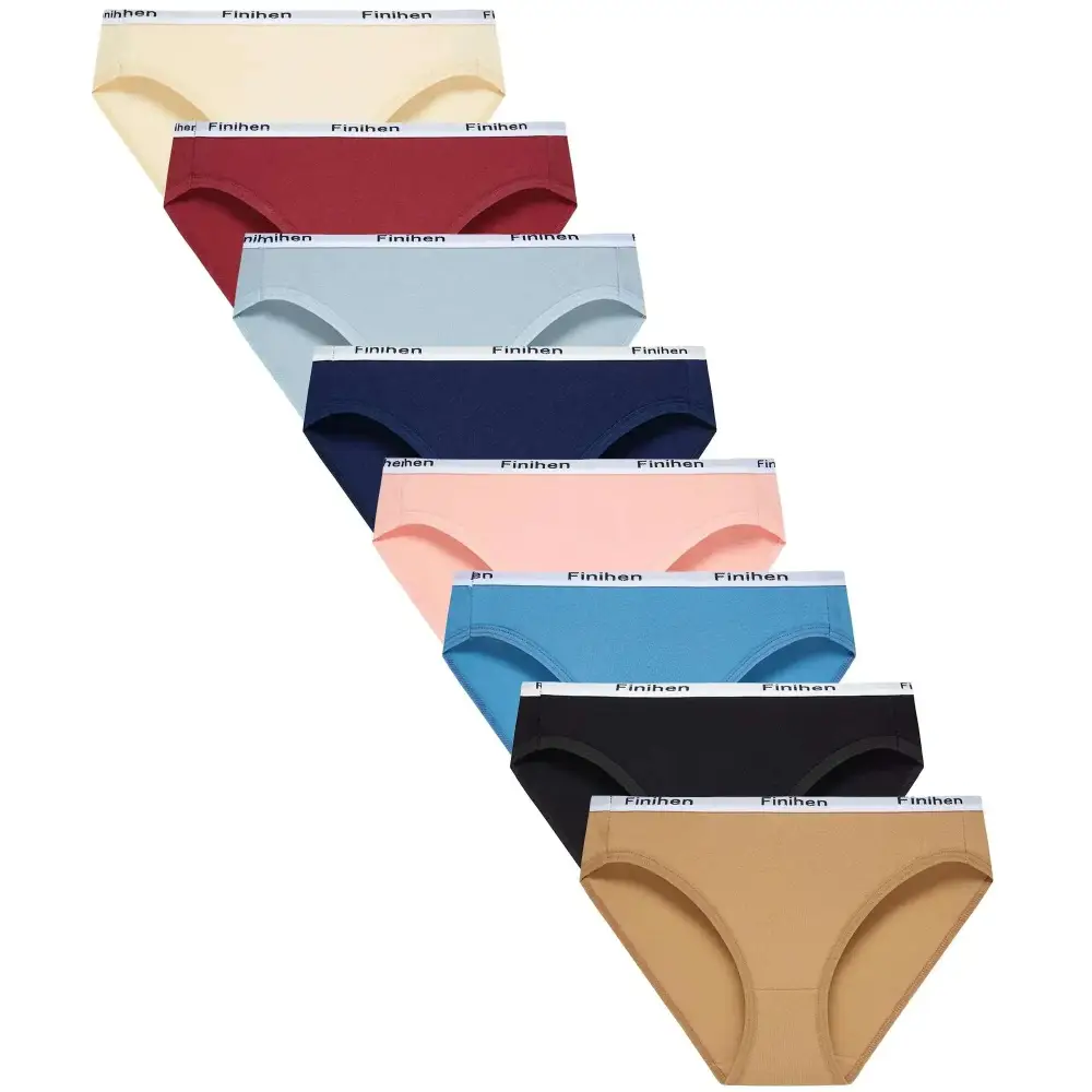 Set of eight finihen brand teens girls bikini briefs in assorted solid colors with soft rubber bands for comfort