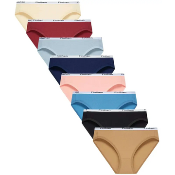 Set of eight finihen brand teens girls bikini briefs in assorted solid colors with soft rubber bands for comfort