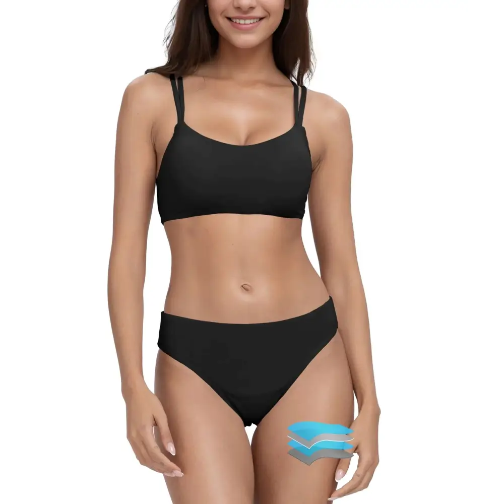 Black two-piece teens menstrual leakproof period swimwear with thin straps and high-waisted highly absorbent bottoms
