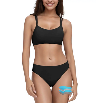 Black two-piece teens menstrual leakproof period swimwear with thin straps and high-waisted highly absorbent bottoms