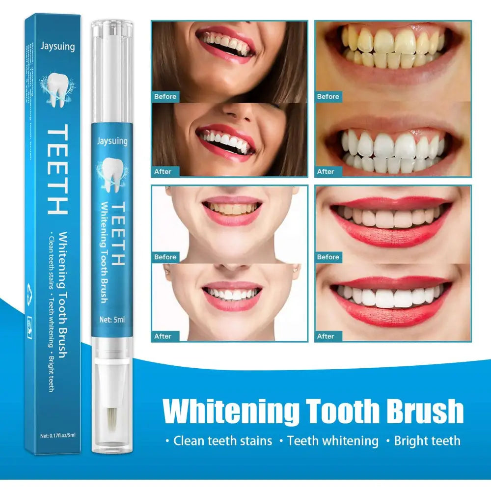 Blue jays teeth whitening pen with white bristles and clear cap for stained teeth and plaque removal