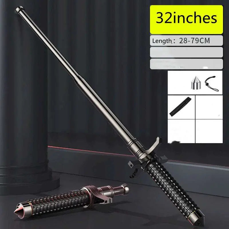 Black 32-inch telescopic self-defense anti-cut stick with textured grip and metallic tip by Royale Essence Lux