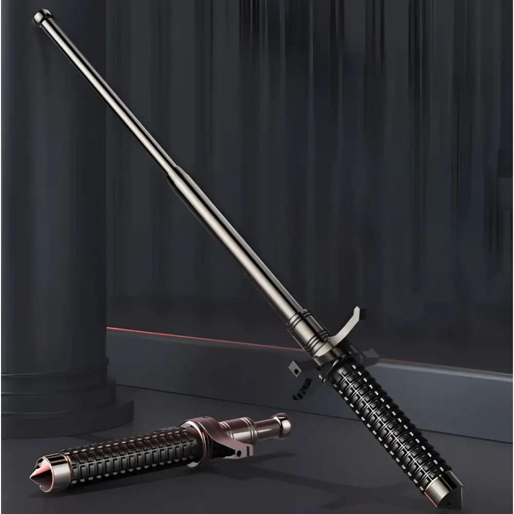 Black and silver royale essence lux telescopic self-defense anti-cut stick with textured grip and metallic finish