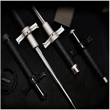 Black and silver telescopic self-defense anti-cut stick with textured grips and metallic accents by royale essence lux