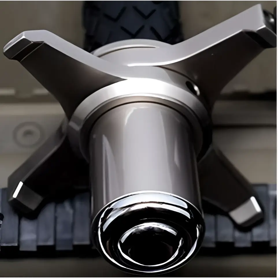 Shiny chrome bicycle hub with star-shaped multi-spoke design and black tire tread in telescopic self-defense anti-cut stick image