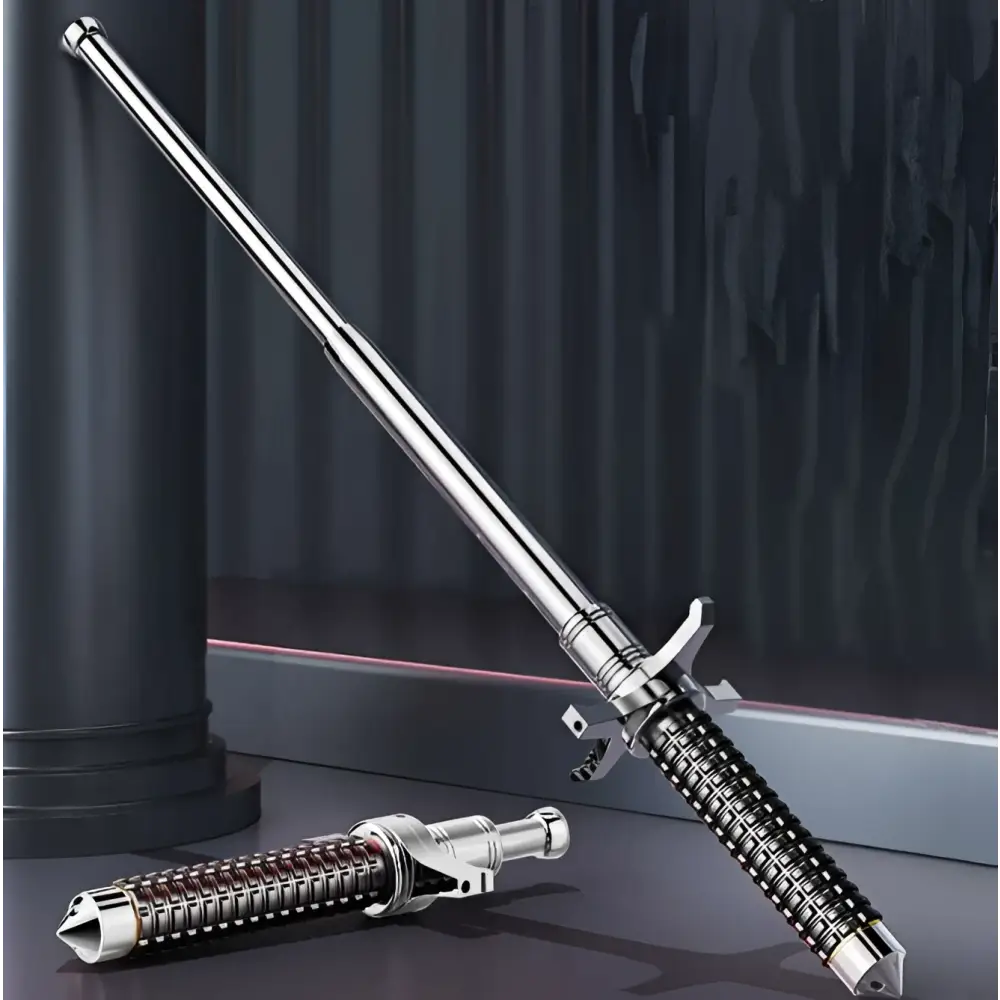 Silver telescopic self-defense anti-cut stick with textured grip and sword-like handle by royale essence lux