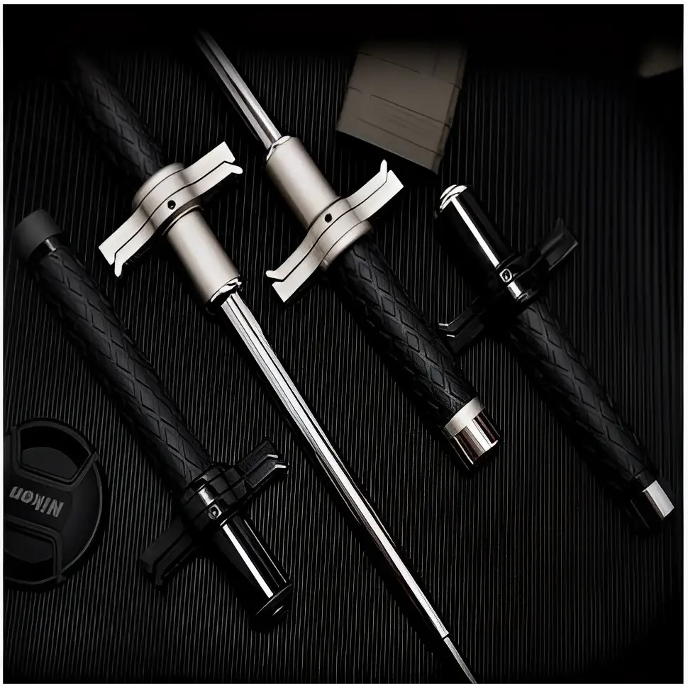 Black and silver telescopic self-defense anti-cut stick with textured grips and metallic accents by royale essence lux