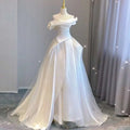 Elegant temperament princess style french satin gown with fitted bodice and off-the-shoulder voluminous skirt in white