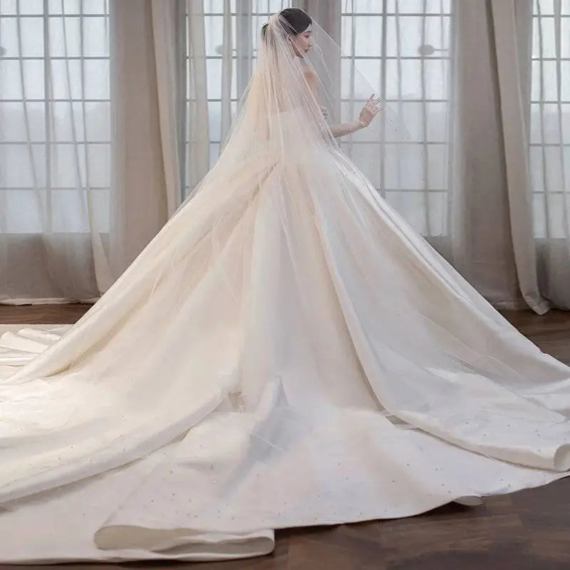 Ivory satin wedding gown temperament princess style french satin wedding dress with long trailing train and delicate beading