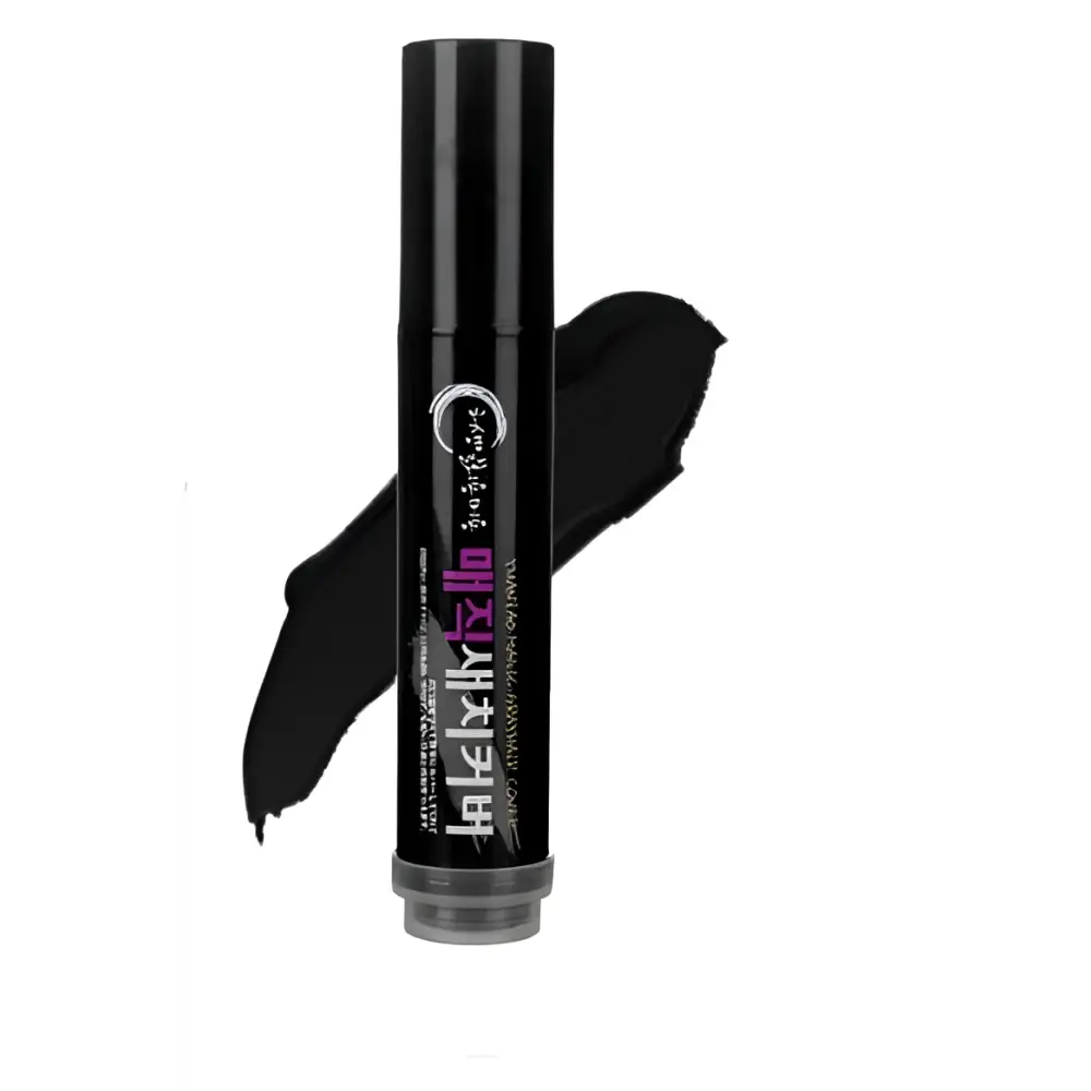 Black cylindrical color dye stick with korean text label and black swatch for temporary brown hair color dye use