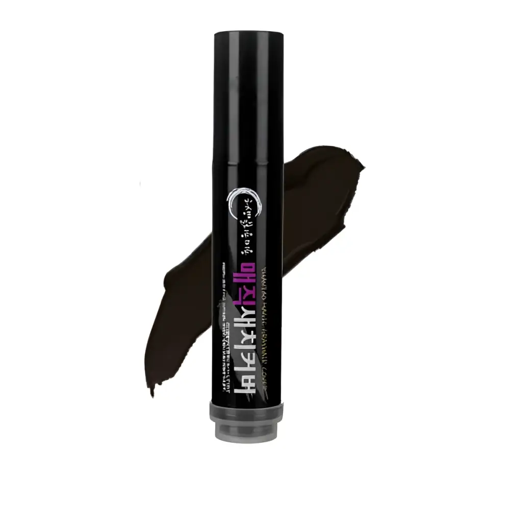 Black cylindrical color dye stick for temporary brown hair with korean text and dark brown swatch beside it