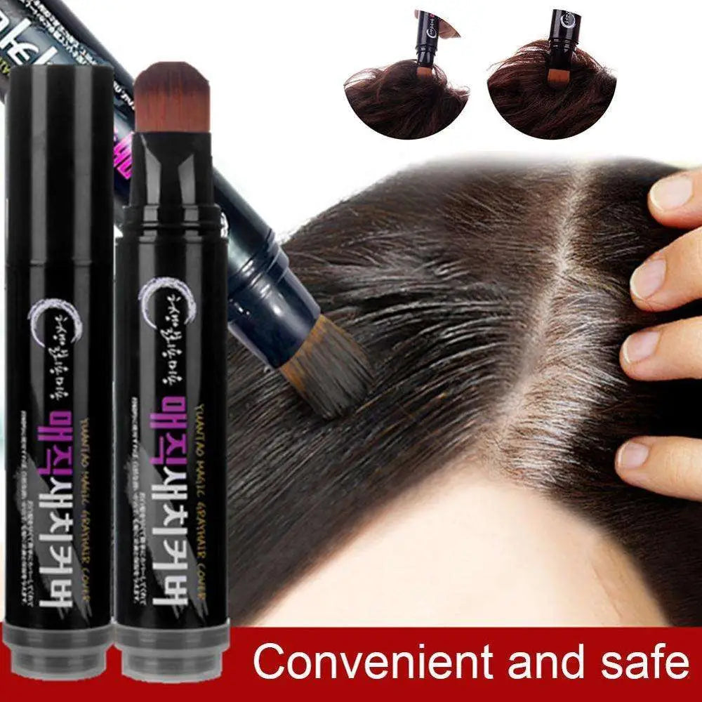 Black cylindrical color dye stick with wooden applicator tip and brown pigment swatch for temporary brown hair use