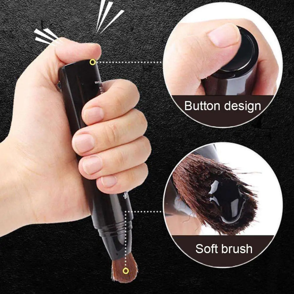 Black cylindrical temporary brown hair color dye stick with soft brown bristle head and button design for easy grip