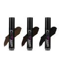 Three black cylindrical lip gloss tubes with silver caps and purple korean text with brown black color dye stick swatches for temporary brown hair