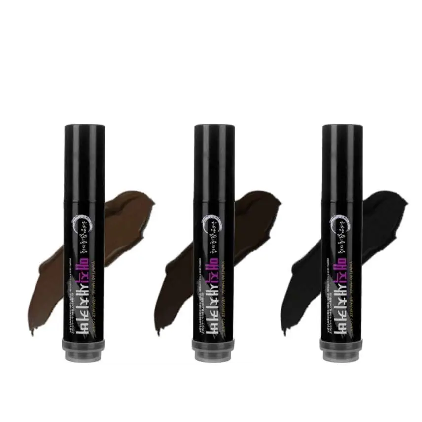 Three black cylindrical lip gloss tubes with silver caps and purple korean text with brown black color dye stick swatches for temporary brown hair