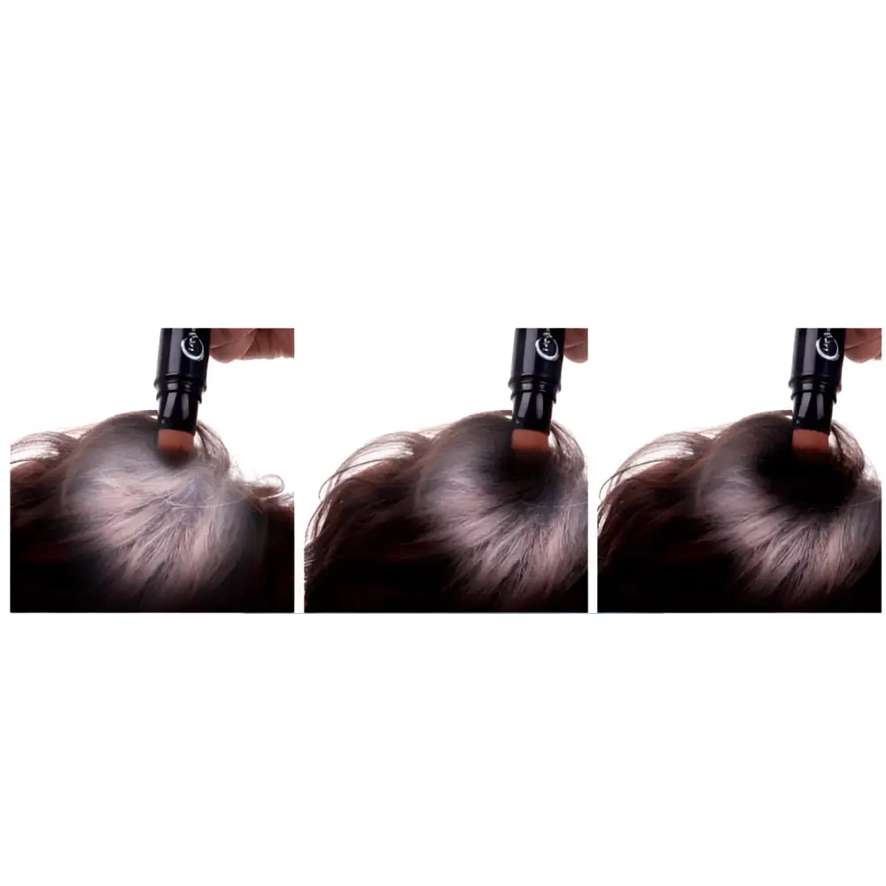 Black cylindrical color dye stick with a brown tip applied to gray hair for temporary brown hair coverage
