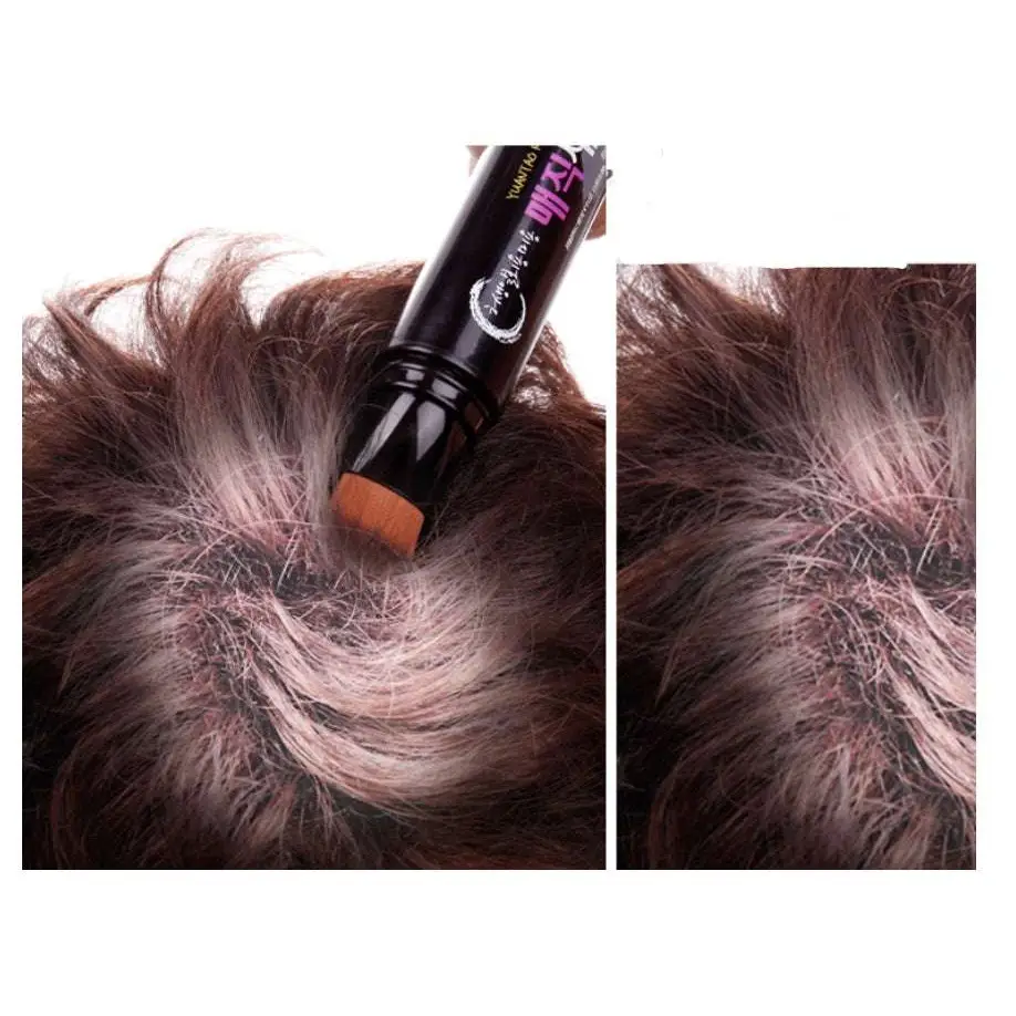 Black cylindrical temporary brown hair color dye stick with orange tip and korean text on label