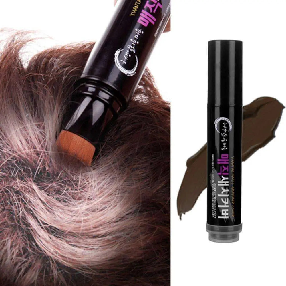 Black cylindrical color dye stick with wooden applicator tip and brown pigment swatch for temporary brown hair use