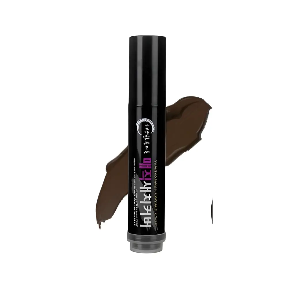 Black cylindrical color dye stick with silver cap and korean text for temporary brown hair color application